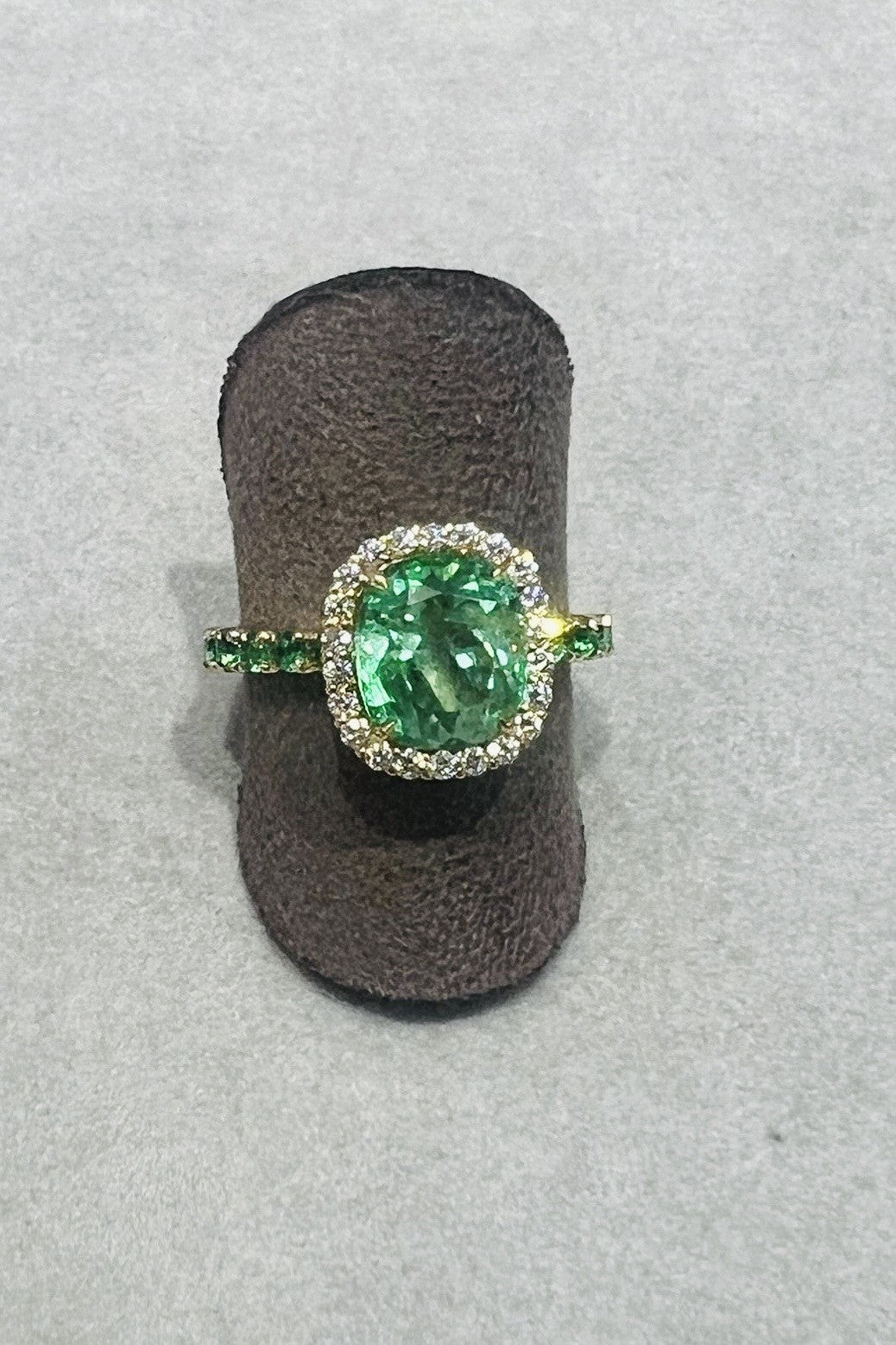 Cushion Cut Colombian Emerald Ring with Emerald Half Eternity Band